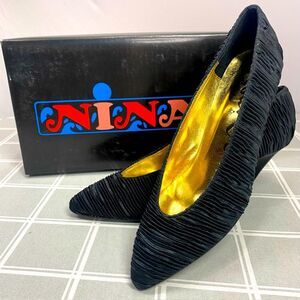 Nina Vtg 80s Black Ruched Fabric Womens Evening Sz 8 N Slip on Heel Leather Sole